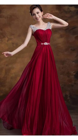 Wine Sequined Straps Long Prom Dresses Scoop Neckline KSP353
