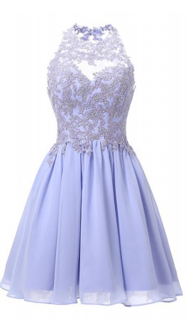 Short Purple Prom Dresses Halter Illusion Neck KSP614
