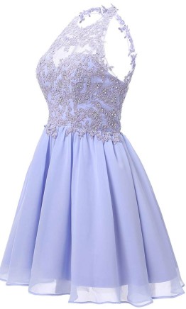 Purple Halter Illusion Neck Short Prom Dress with Beading KSP614