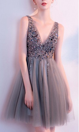 Grey Sequined Short Sheer Prom Dresses V-neckline KSP615