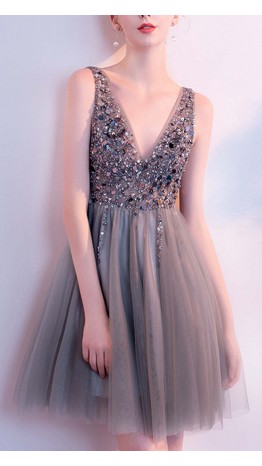Grey Sequined Short Sheer Prom Dresses V-neckline KSP615