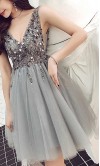 Grey Sequined Short Sheer Prom Dresses V-neckline KSP615