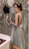 Grey Sequined Short Sheer Prom Dresses V-neckline KSP615