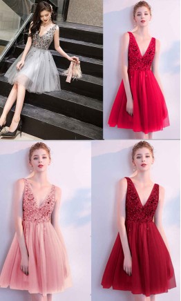 Short silver grey sequined prom dress with V-neckline KSP615