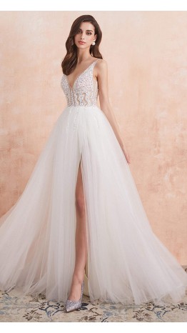 White Embellished Long Slit Prom Dresses with Straps KSP616