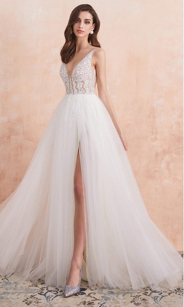 White Embellished Long Slit Prom Dresses