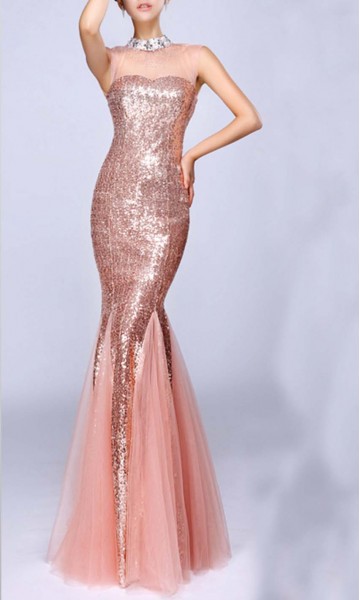 Pink Glitter High Neck Mermaid Long Prom Dress KSP354
