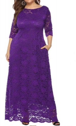 Purple Lace Long Plus Bridesmaid Dresses With Sleeves KSP578