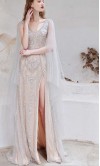 Sparkly Sequined Slit Prom Dresses with Removable Cape