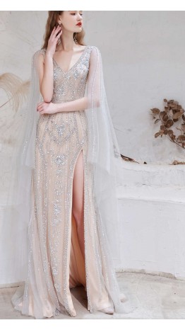 Sparkly Sequined Slit Prom Dresses with Removable Cape