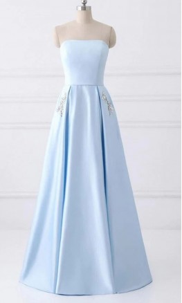 Light Blue Strapless A-line Long Prom Dress with Pockets KSP640