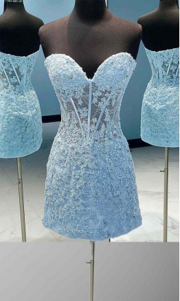 Short Sky Blue Sheer Corset Prom Dresses Formal Hoco Dress KSP620