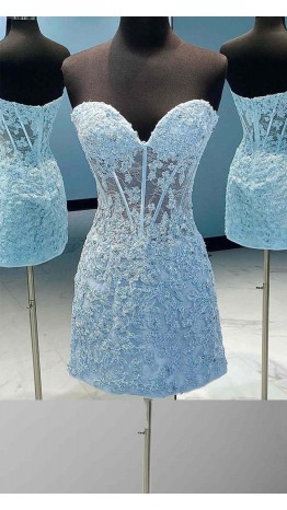 Short Sky Blue Sheer Corset Prom Dresses Formal Hoco Dress KSP620