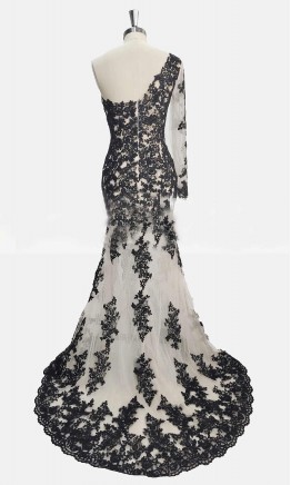 Black Mesh Appliqued Lace Slit Mermaid Prom Dress with Sleeve KSP621