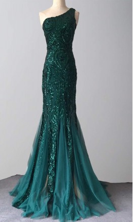 Green Sequined One Shoulder Fit and Flare Prom Dresses KSP622