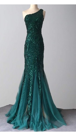 Green Sequined One Shoulder Fit and Flare Prom Dresses KSP622