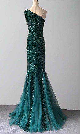 Long emerald green sequined one shoulder fit and flare prom dress KSP622
