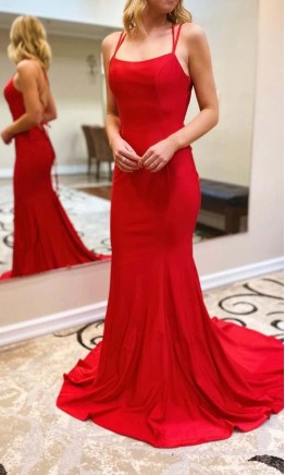 Red Fitted Long String Prom Dresses with Double Thin Straps KSP623