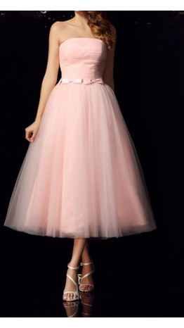 Pink Strapless Tea-Length Tulle Prom Dresses with Bowknots KSP624