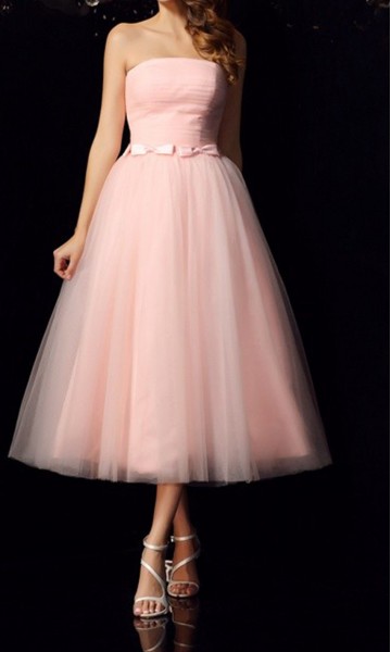  Pink Strapless Tea-Length Tulle Prom Dresses with Bowknots KSP624