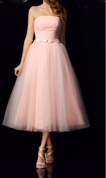 Pink Strapless Tea-Length Tulle Prom Dresses with Bowknots KSP624