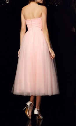 Pink Strapless Tea-Length Tulle Midi Prom Dresses with Bowknots KSP624