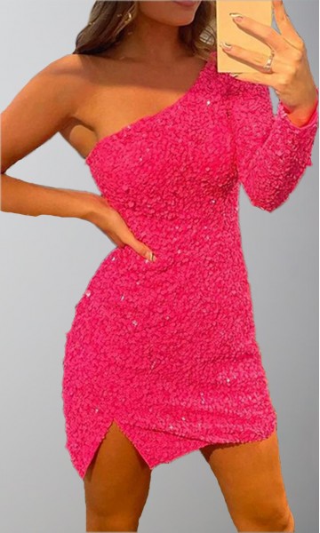 Hot Pink Sparkly Short Graduation Dresses Long Sleeve KSP625