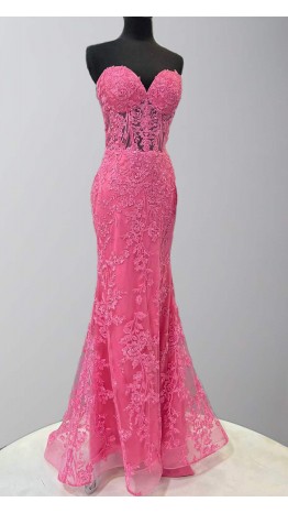 Hot Pink Applique Bustier Mermaid Prom Dresses Long KSP626