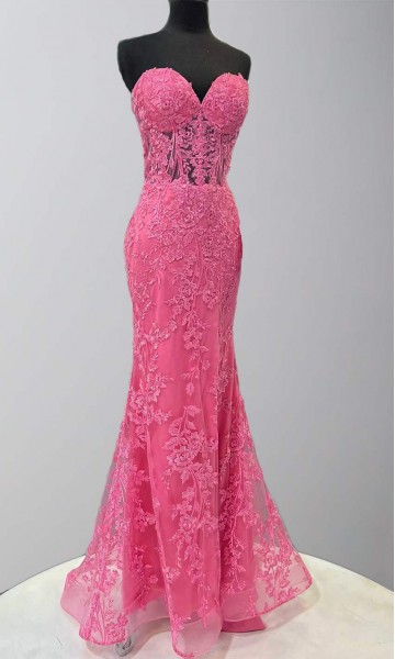 Hot Pink Applique Bustier Mermaid Prom Dresses