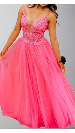 Girly Pink Applique Tulle Prom Gowns with Slit KSP627