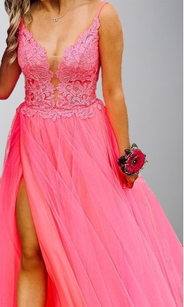 Girly Pink Applique Tulle Prom Gowns with Slit KSP627