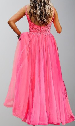 Girly Bright Pink Floral Applique Tulle Prom Gown with Slit KSP627