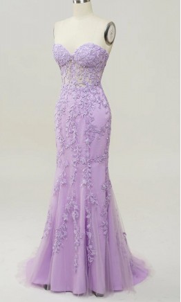 Lilac Purple Applique Corset Mermaid Prom Dresses String Back KSP632