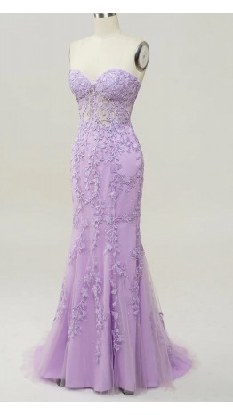 Lilac Purple Applique Corset Mermaid Prom Dresses String Back KSP632