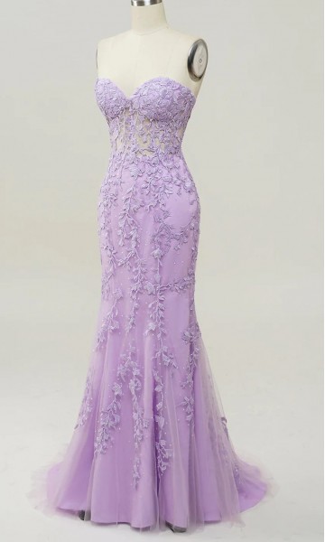 Lilac Purple Applique Corset Mermaid Prom Dresses