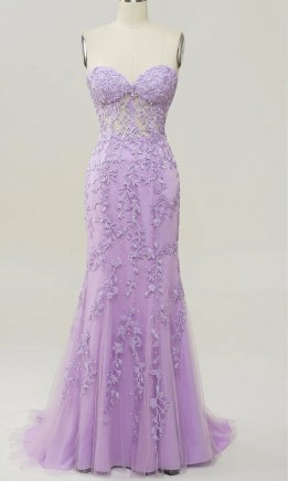 Lilac Purple Applique Corset Mermaid Prom Dresses String Back KSP632