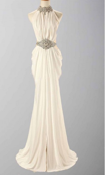 Sexy Ruffled Beaded High Neck White Long Prom Dresses KSP366