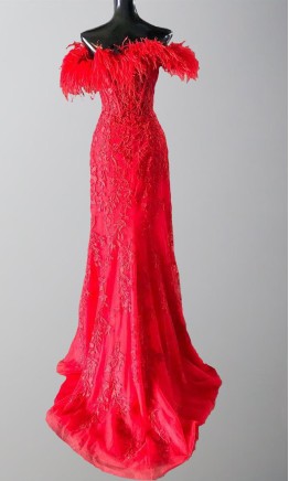 Long ruby red off-shoulder prom dress with feather neckline, lace appliques, and high leg slit KSP629