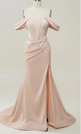Blush Pink Off Shoulder Wrapped Trumpet Corset Prom Dresses Slit KSP633