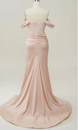 Blush Pink Off Shoulder Wrapped Trumpet Corset Prom Dresses Slit KSP633