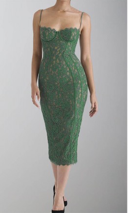 Green Lace Structure Mid Length  Tight Bridesmaid Dresses with Slit KSP634