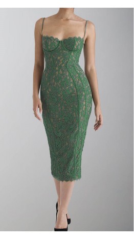Green Lace Structure Mid Length  Tight Bridesmaid Dresses with Slit KSP634