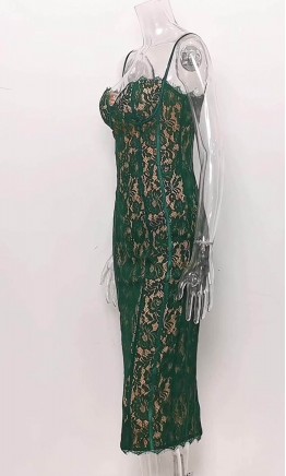 Green Lace Structure Mid Length  Tight Bridesmaid Dresses with Slit KSP634