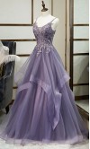 Long Appliqued Purple Prom Dresses with Spaghetti Straps KSP635