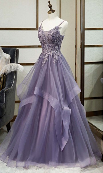 Long Appliqued Purple Prom Dresses with Spaghetti Straps KSP635