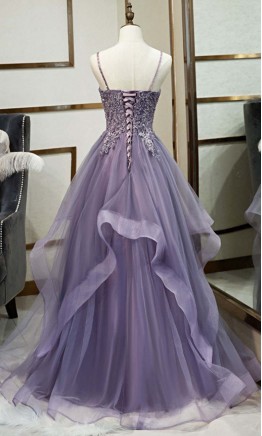 Long Appliqued Purple Prom Dresses with Spaghetti Straps KSP635
