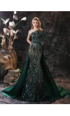 Sequined One Shoulder Green Overlayed Mermaid Prom Dresses  KSP636