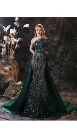 Sequined One Shoulder Green Overlayed Mermaid Prom Dresses  KSP636