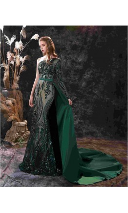 Sequined One Shoulder Green Overlayed Mermaid Prom Dresses  KSP636