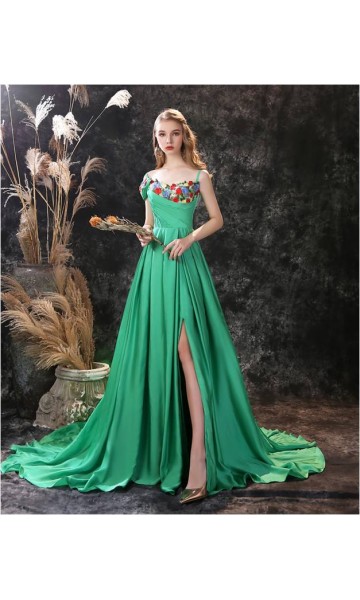 Flower Embroidery Ruched Satin Prom Gowns